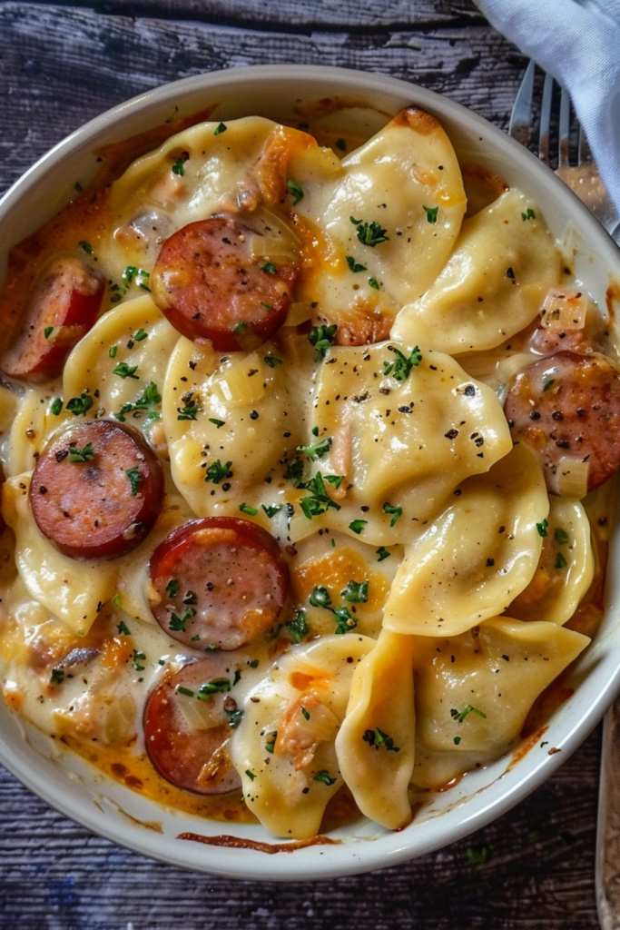 crockpot pierogi casserole with kielbasa