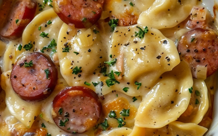 crockpot pierogi casserole with kielbasa